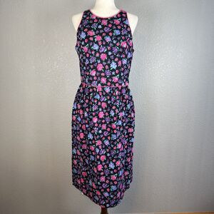 Vintage Lanz Womens Midi Dress 14 Black Floral Open Bow Back Pockets Made in USA
